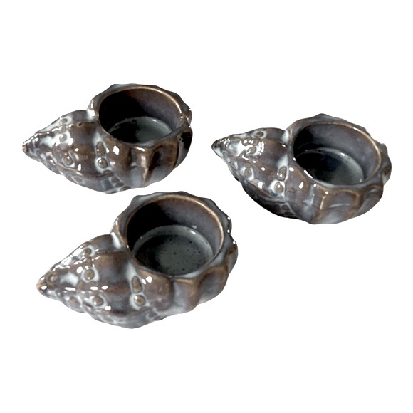 Glazed Ceramic Conch Seashell Tea Light Candle Holder Trio Tan And Dusty Blue - Picture 4 of 11